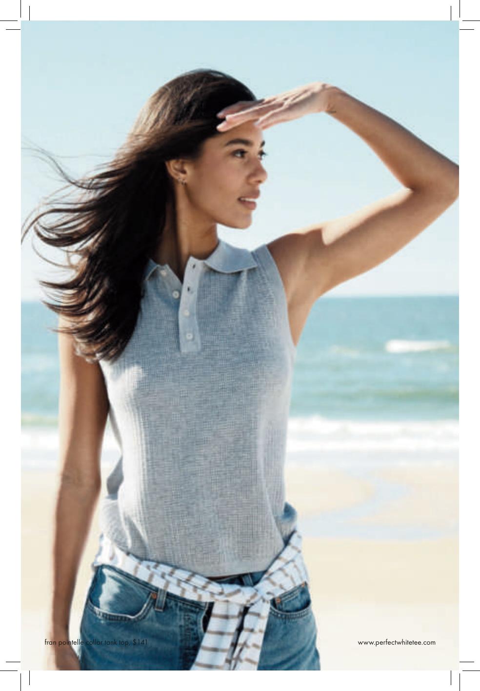 Model wearing a pointelle collar tank top from the Summer 2026 lookbook