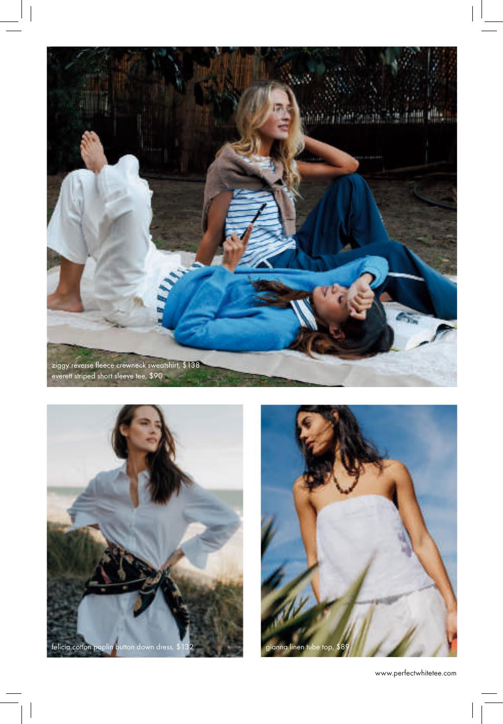 Editorial spread featuring a reverse fleece sweatshirt, striped tee, dress, and tube top