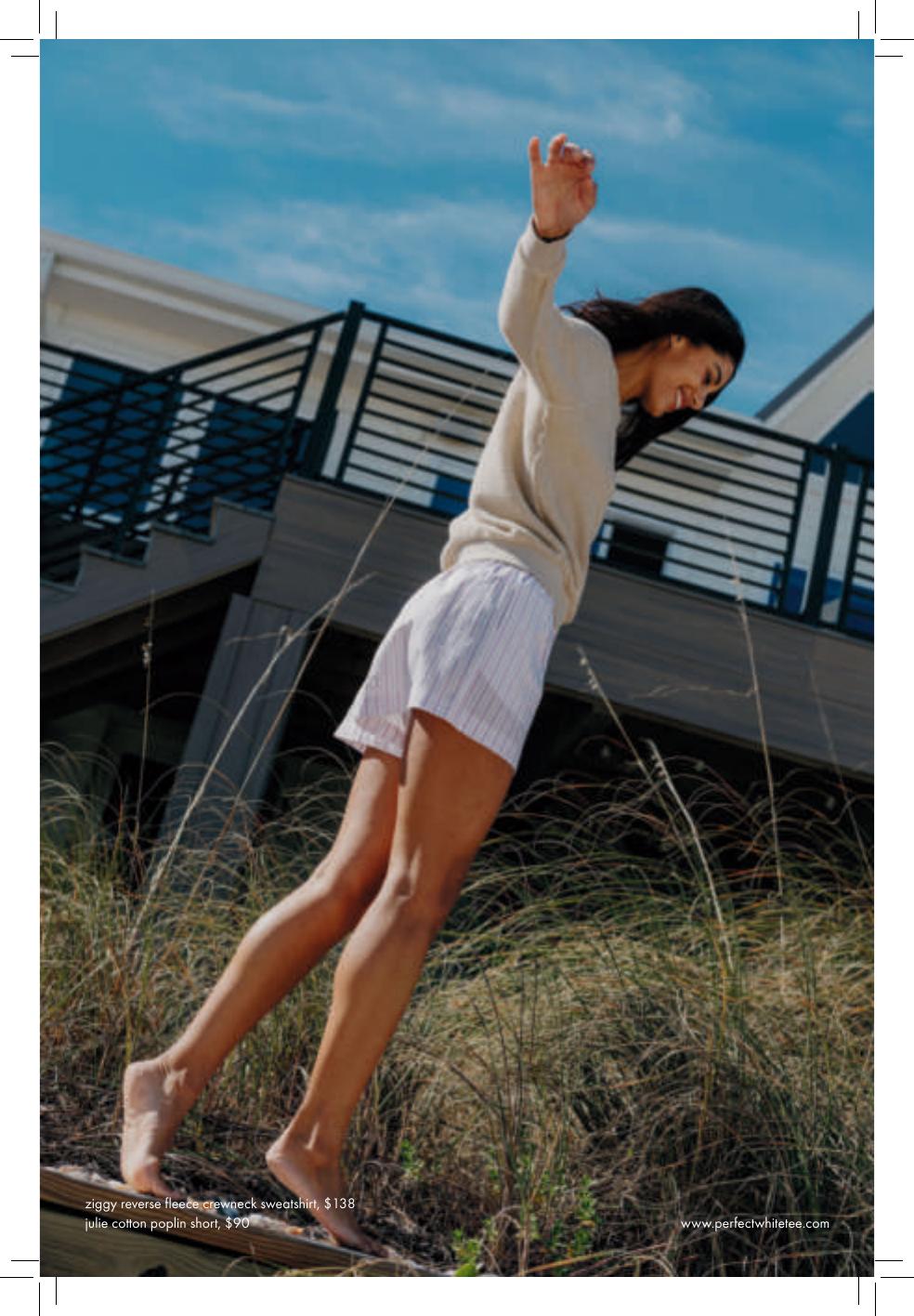 Editorial spread pairing sweatshirt and cotton poplin short