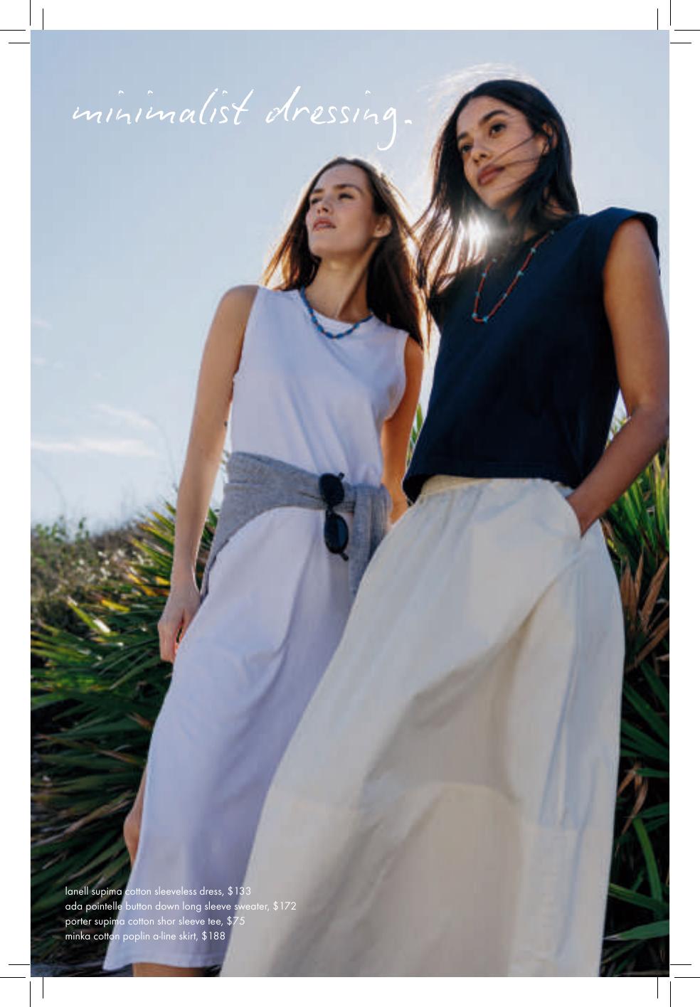 Minimalist dressing editorial spread with sleeveless dress and skirt